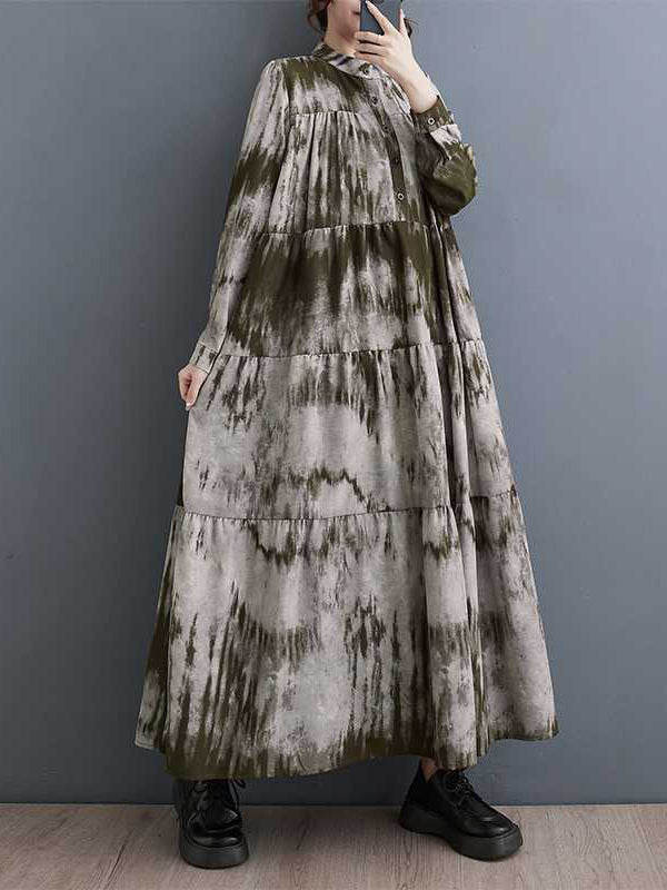 Momentlover Split-Joint Printed Pleated Loose Long Sleeves Stand Collar Midi Dresses