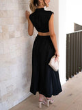 Momentlover Solid Color Pleated Belly-Hollow Cap Sleeve Stand Collar Maxi Dresses