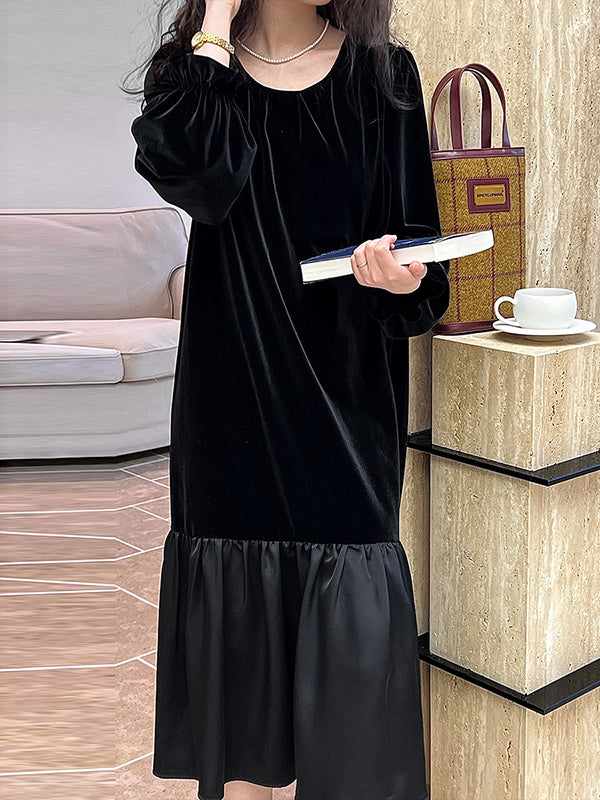 Momentlover Velvet Split-Joint Ruffled Pleated Contrast Color Loose Long Sleeves Round-Neck Midi Dresses