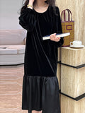 Momentlover Velvet Split-Joint Ruffled Pleated Contrast Color Loose Long Sleeves Round-Neck Midi Dresses