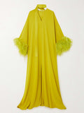 Momentlover Split-front Solid Color Feathers Loose V-neck Maxi Dresses Evening Dresses
