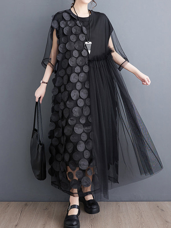 Momentlover Split-Joint Gauze Asymmetric Short Sleeves Loose Round-Neck Midi Dresses