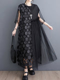 Momentlover Split-Joint Gauze Asymmetric Short Sleeves Loose Round-Neck Midi Dresses
