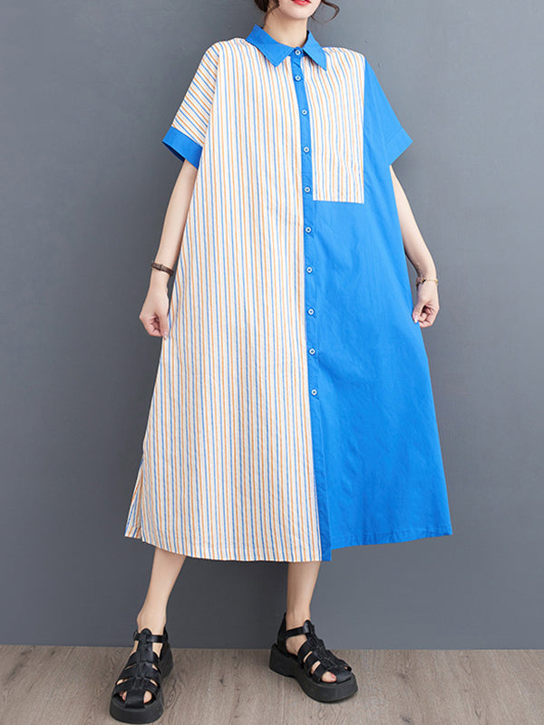 Momentlover Striped Split-Joint Asymmetric Short Sleeves Loose Lapel Shirt Dress Midi Dresses