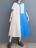Momentlover Striped Split-Joint Asymmetric Short Sleeves Loose Lapel Shirt Dress Midi Dresses
