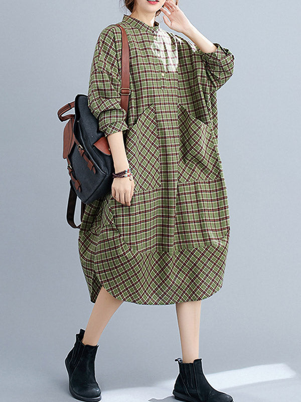 Momentlover Vintage Plaid Irregularity Shirt Dresses
