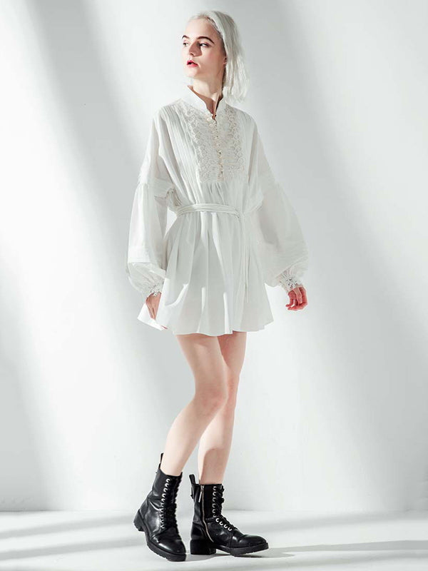 Momentlover Vacation Long Sleeves Puff Sleeves Embroidered Solid Color Stand Collar Mini Dresses
