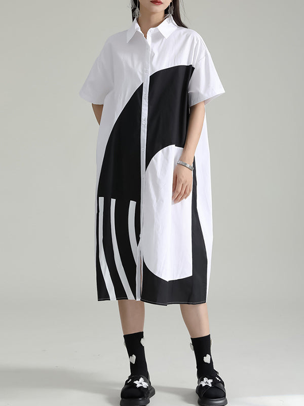 Momentlover Split-Joint Contrast Color Asymmetric Short Sleeves Loose Lapel Shirt Dress Midi Dresses