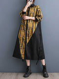 Momentlover Warp Knitting Printed Contrast Color Asymmetric Loose Long Sleeves Lapel Shirt Dress Midi Dresses