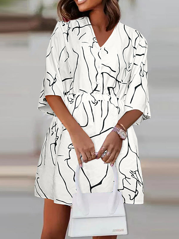 Momentlover Printed Pleated Elasticity Buttoned Plus Size Loose V-Neck Mini Dresses