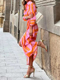 Momentlover Striped Printed Knot Asymmetric Loose Long Sleeves V-Neck Maxi Dresses
