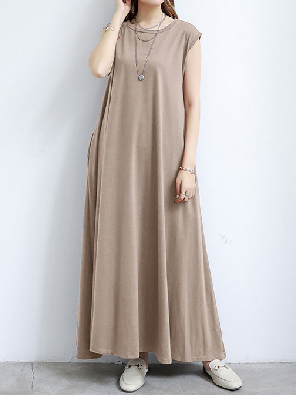 Momentlover Simple Loose Sleeveless Solid Color Round-Neck Maxi Dresses