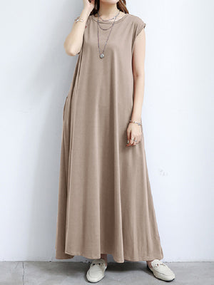 Momentlover Simple Loose Sleeveless Solid Color Round-Neck Maxi Dresses