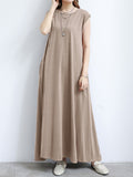 Momentlover Simple Loose Sleeveless Solid Color Round-Neck Maxi Dresses