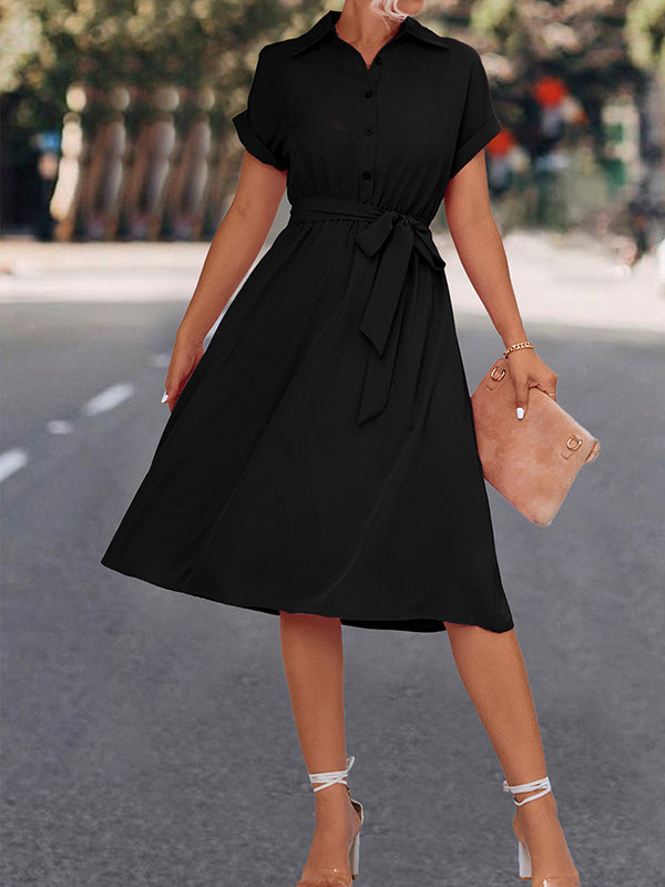 Momentlover Tied Waist Solid Color Buttoned Short Sleeves High Waisted Lapel Collar Shirt Dress Midi Dresses
