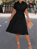 Momentlover Tied Waist Solid Color Buttoned Short Sleeves High Waisted Lapel Collar Shirt Dress Midi Dresses