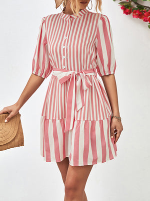 Momentlover Striped Buttoned Loose Half Sleeves Stand Collar Mini Dresses
