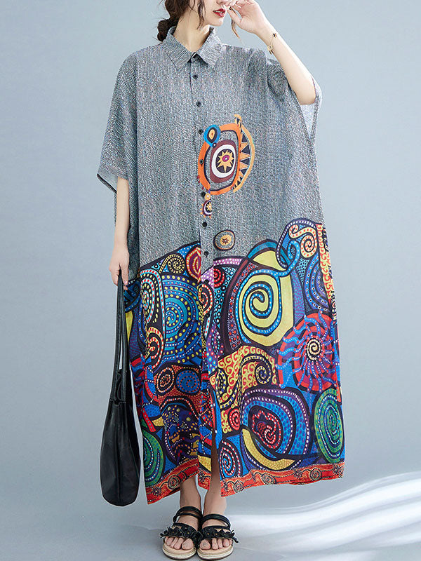 Momentlover Printed Loose Batwing Sleeves Lapel Midi Dresses