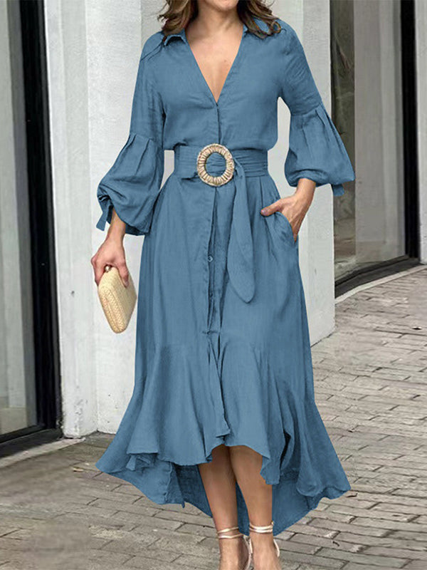 Momentlover Solid Color Pleated Puff Sleeves High-Low V-Neck Maxi Dresses