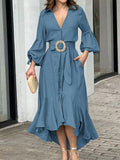 Momentlover Solid Color Pleated Puff Sleeves High-Low V-Neck Maxi Dresses