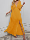 Momentlover Split-front Solid Color Loose Batwing Sleeves Deep V-Neck Maxi Dresses