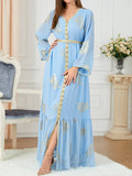 Momentlover Tied Waist Split-Joint Split-Front Printed Pleated Loose Long Sleeves V-Neck Maxi Dresses