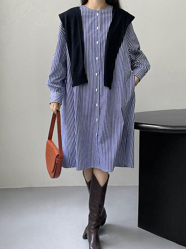 Momentlover Striped Raglan Sleeve Loose Round-Neck Shirt Dress Midi Dresses