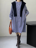 Momentlover Striped Raglan Sleeve Loose Round-Neck Shirt Dress Midi Dresses