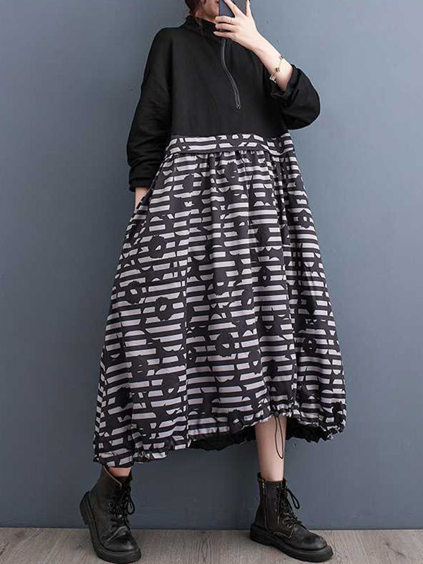 Momentlover Zipper Split-Joint Printed Drawstring Loose Long Sleeves Midi Dresses