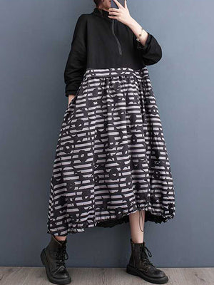 Momentlover Zipper Split-Joint Printed Drawstring Loose Long Sleeves Midi Dresses