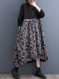 Momentlover Zipper Split-Joint Printed Drawstring Loose Long Sleeves Midi Dresses