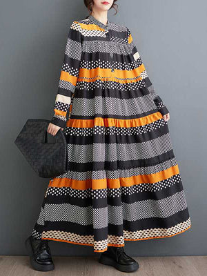Momentlover Split-Joint Polka-Dot Buttoned Loose Long Sleeves Round-Neck Midi Dresses