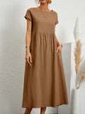 Momentlover Solid Color Pleated Short Sleeves Loose Round-Neck Midi Dresses