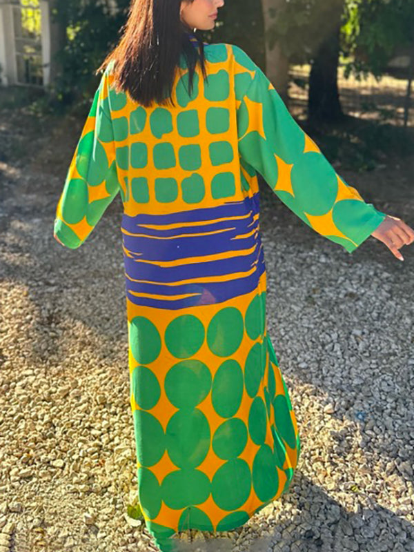 Momentlover Printed Buttoned Loose Long Sleeves Lapel Shirt Dress Maxi Dresses