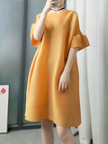 Momentlover Stylish Selection Flared Sleeves A-Line Pleated Solid Color Round-Neck Midi Dresses