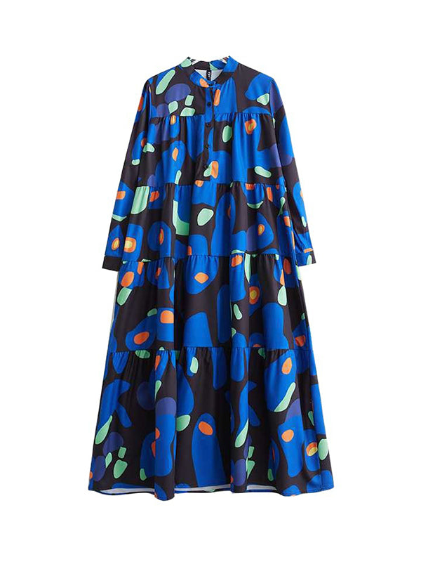 Momentlover Split-Joint Printed Pleated Buttoned Loose Long Sleeves Round-Neck Midi Dresses