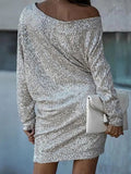Momentlover Solid Color Sequined Asymmetric Three-Quarter Sleeves Puff Sleeves One-Shoulder Mini Dresses