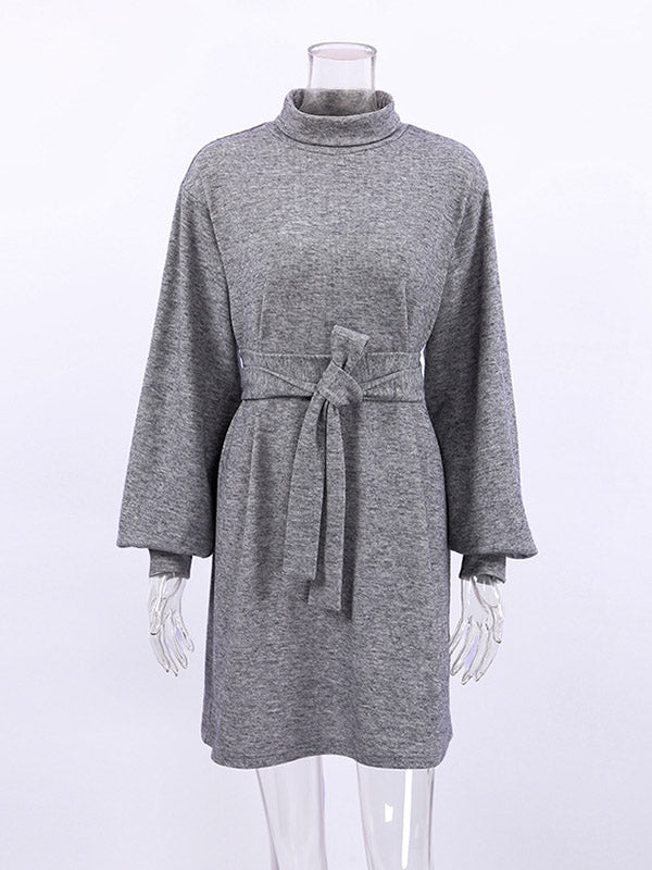 Momentlover Tied Waist Split-Joint Solid Color Pleated Puff Sleeves Loose High Neck Mini Dresses