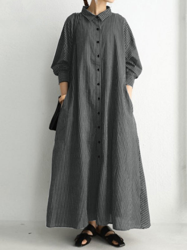 Momentlover Striped Buttoned Plus Size Loose Lapel Shirt Dress Maxi Dresses