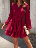 Momentlover Tied Waist Solid Color Ruffled Puff Sleeves Loose V-Neck Mini Dresses