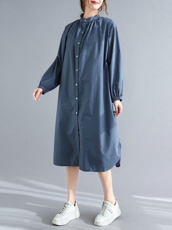 Momentlover Split-Side Elasticity Buttoned Loose Long Sleeves Mock Neck Shirt Dress Midi Dresses