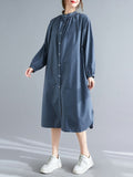 Momentlover Split-Side Elasticity Buttoned Loose Long Sleeves Mock Neck Shirt Dress Midi Dresses