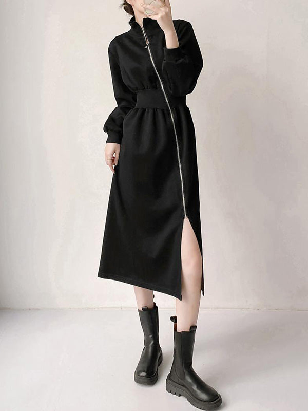 Momentlover Zipper Split-Front Asymmetric Long Sleeves High Neck Midi Dresses