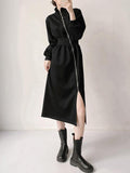 Momentlover Zipper Split-Front Asymmetric Long Sleeves High Neck Midi Dresses