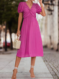Momentlover Split-Joint Solid Color Pleated Knot Elasticity Short Sleeves Puff Sleeves V-neck Midi Dresses