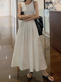 Momentlover Split-Joint Solid Color Pockets Pleated Sleeveless High Waisted Round-Neck Midi Dresses