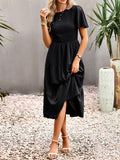 Momentlover Solid Color Elastics Short Sleeves Loose Round-neck Midi Dresses
