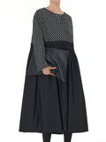 Momentlover Split-Joint Polka-Dot Pleated Elasticity Contrast Color Loose Long Sleeves Round-Neck Midi Dresses