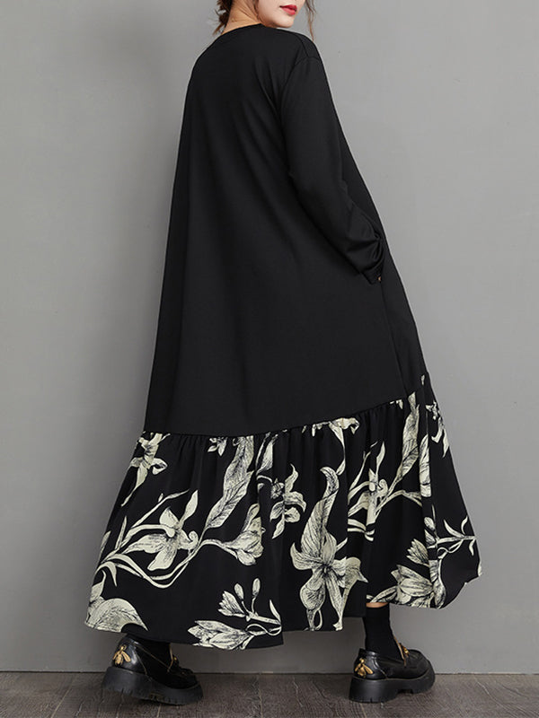Momentlover Split-Joint Flower Print Asymmetric Loose Long Sleeves V-Neck Midi Dresses