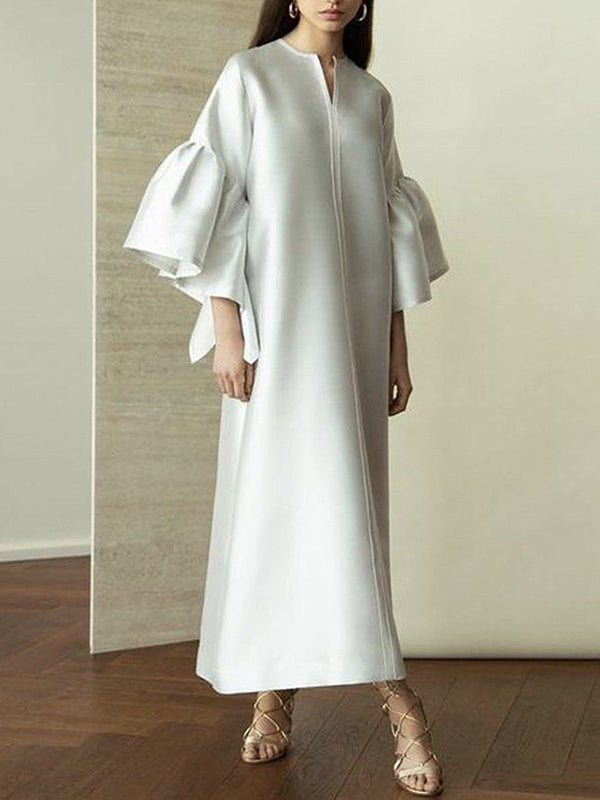 Momentlover Solid Color Falbala Wrap Flared Sleeves Round-Neck Midi Dresses